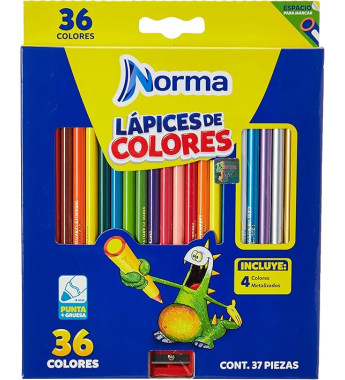 LÁPICES DE COLORES CAJA CON 36 PIEZAS LARGOS REDONDOS NORMA