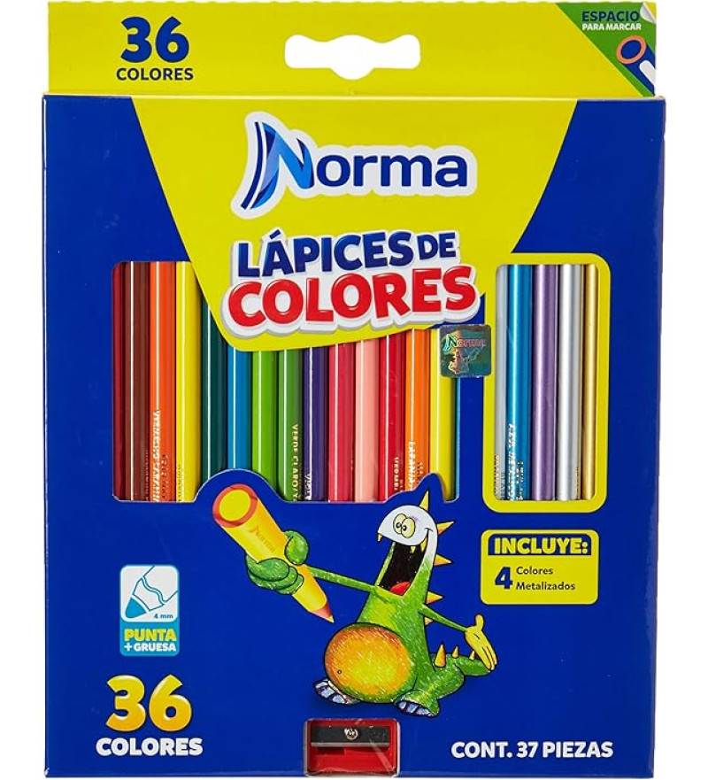 LÁPICES DE COLORES CAJA CON 36 PIEZAS LARGOS REDONDOS NORMA